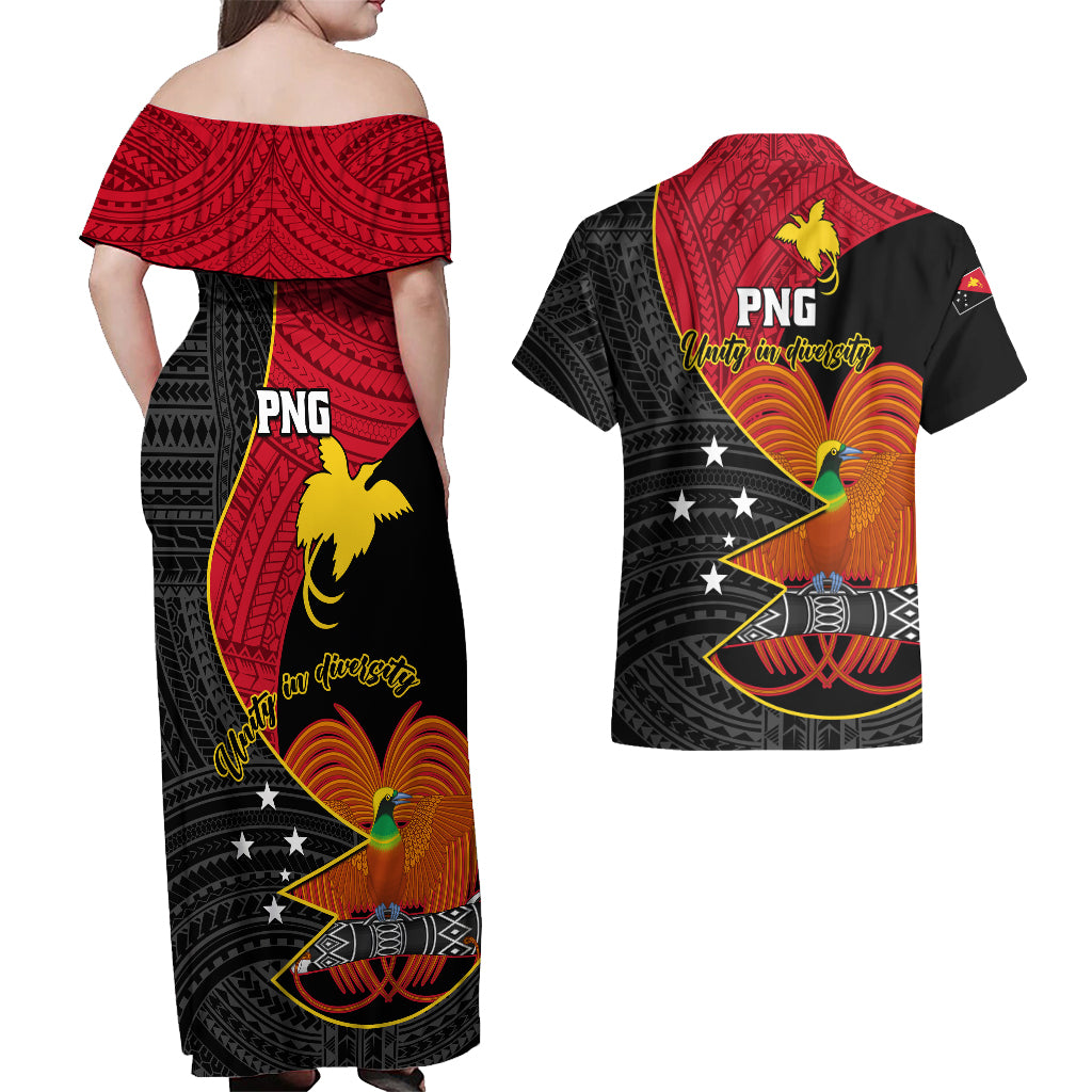 Papua New Guinea Independence Day Couples Matching Off Shoulder Maxi Dress and Hawaiian Shirt Happy PNG 48th Anniversary - Wonder Print Shop