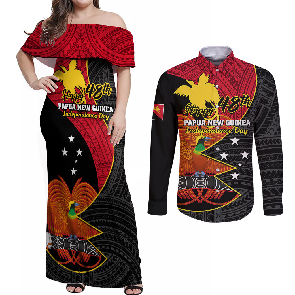Papua New Guinea Independence Day Couples Matching Off Shoulder Maxi Dress and Long Sleeve Button Shirts Happy PNG 48th Anniversary - Wonder Print Shop
