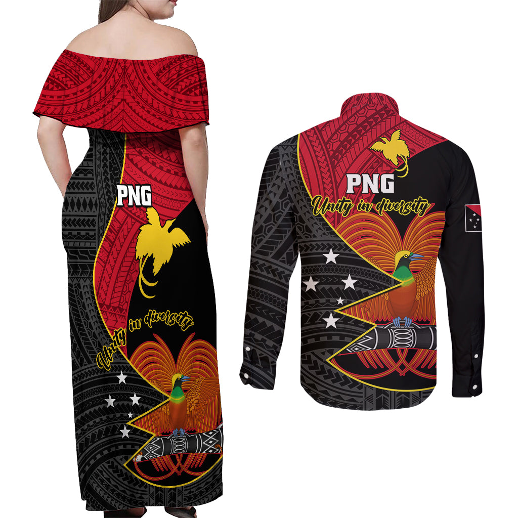 Papua New Guinea Independence Day Couples Matching Off Shoulder Maxi Dress and Long Sleeve Button Shirts Happy PNG 48th Anniversary - Wonder Print Shop