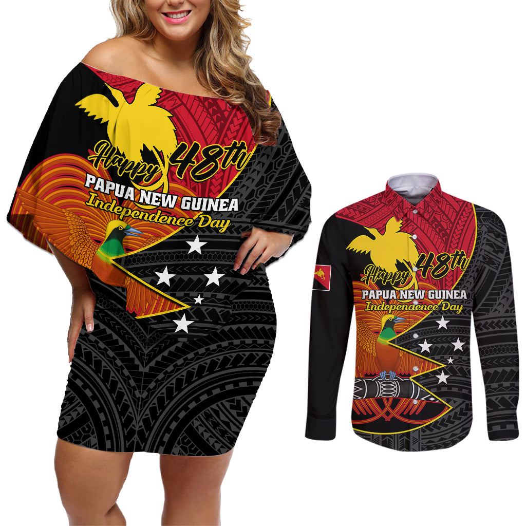 Papua New Guinea Independence Day Couples Matching Off Shoulder Short Dress and Long Sleeve Button Shirts Happy PNG 48th Anniversary - Wonder Print Shop