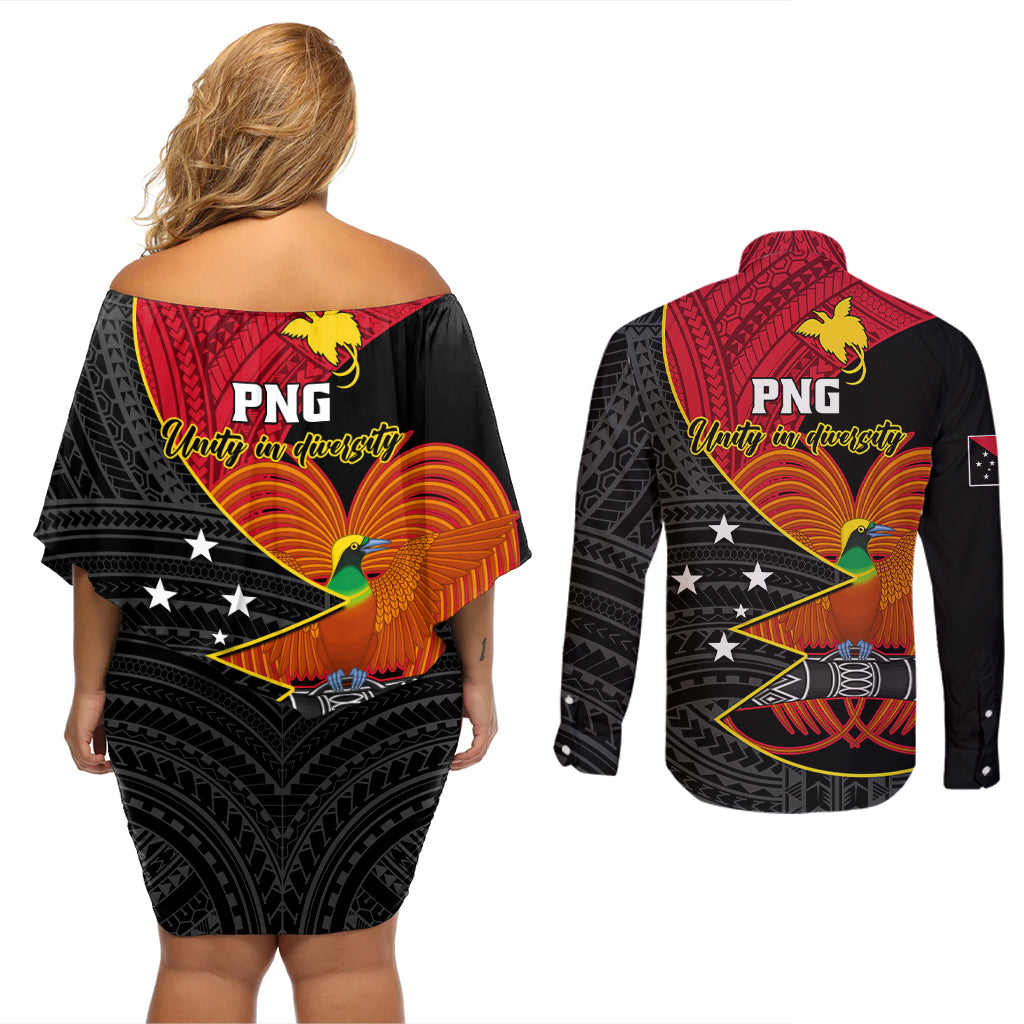 Papua New Guinea Independence Day Couples Matching Off Shoulder Short Dress and Long Sleeve Button Shirts Happy PNG 48th Anniversary - Wonder Print Shop