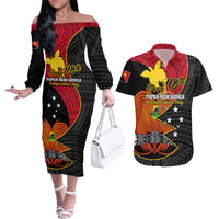 Papua New Guinea Independence Day Couples Matching Off The Shoulder Long Sleeve Dress and Hawaiian Shirt Happy PNG 48th Anniversary - Wonder Print Shop