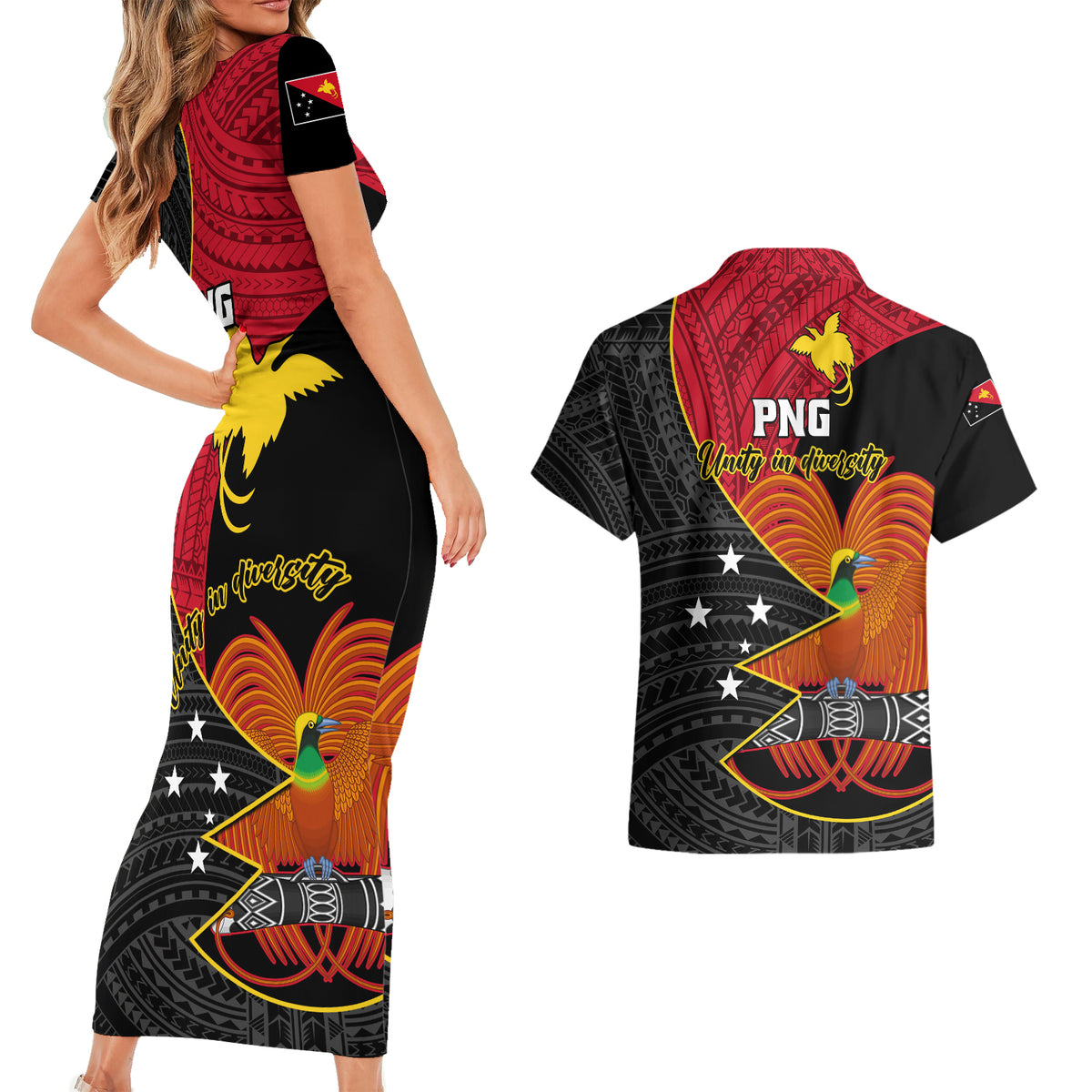 Papua New Guinea Independence Day Couples Matching Short Sleeve Bodycon Dress and Hawaiian Shirt Happy PNG 48th Anniversary - Wonder Print Shop