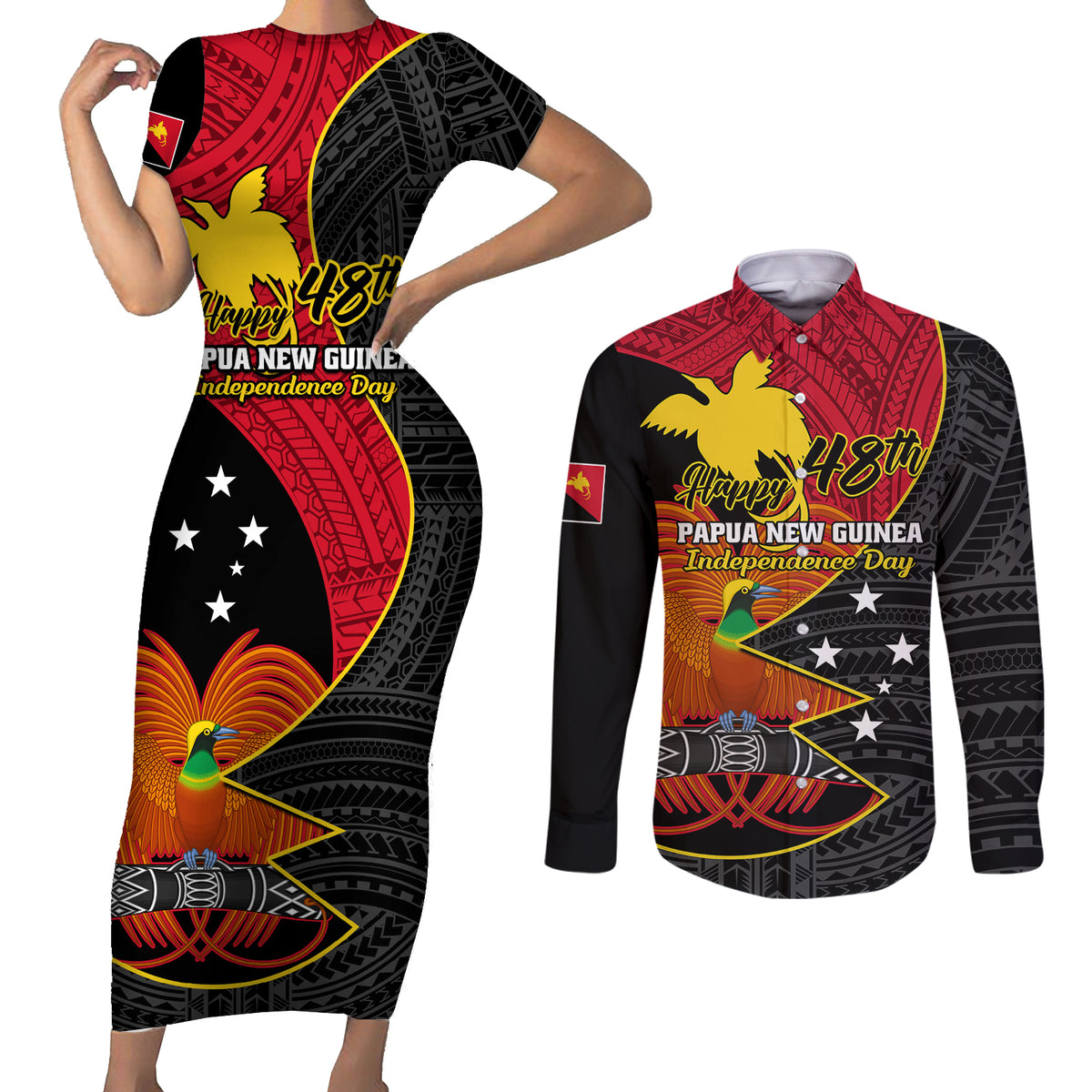 Papua New Guinea Independence Day Couples Matching Short Sleeve Bodycon Dress and Long Sleeve Button Shirts Happy PNG 48th Anniversary - Wonder Print Shop