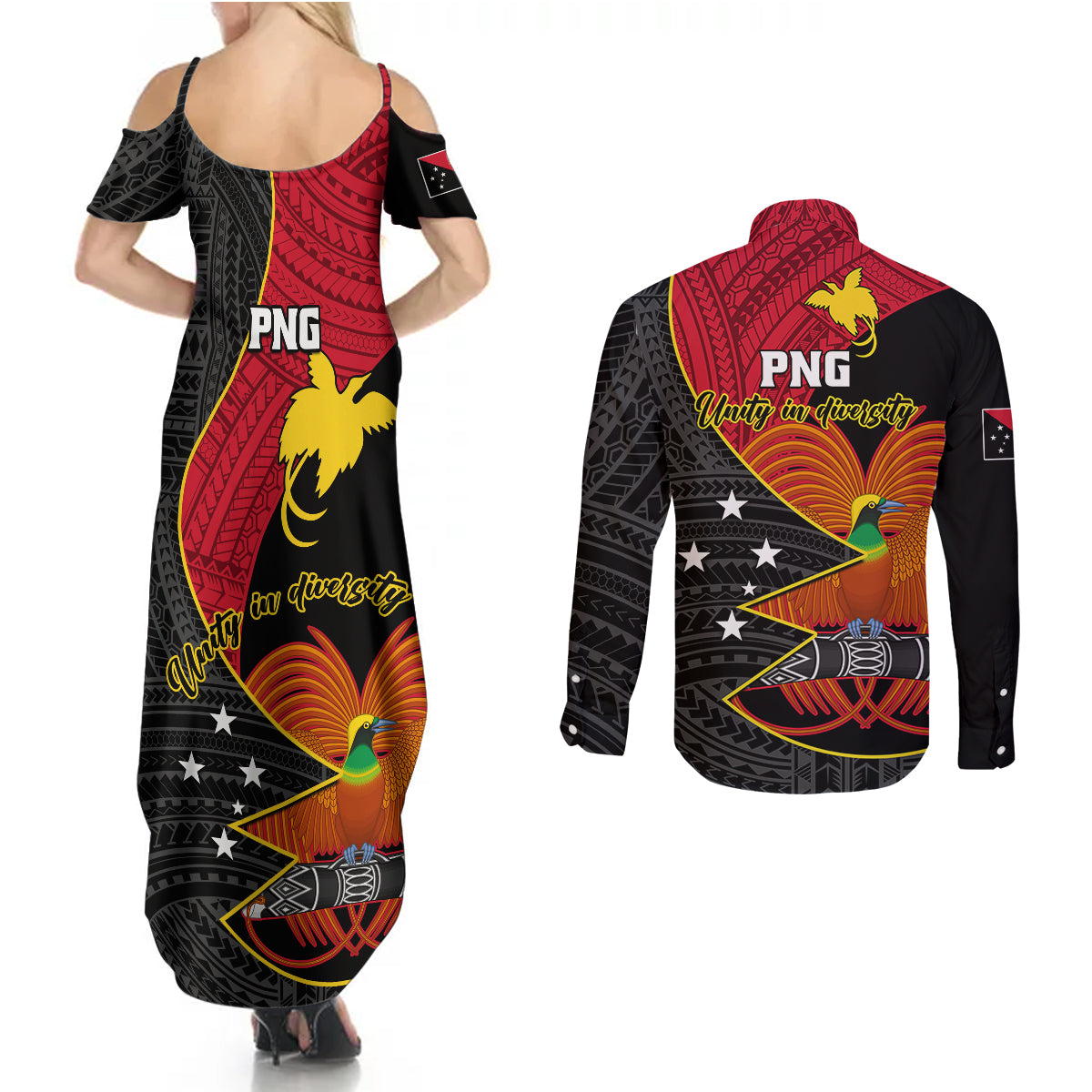 Papua New Guinea Independence Day Couples Matching Summer Maxi Dress and Long Sleeve Button Shirts Happy PNG 48th Anniversary - Wonder Print Shop