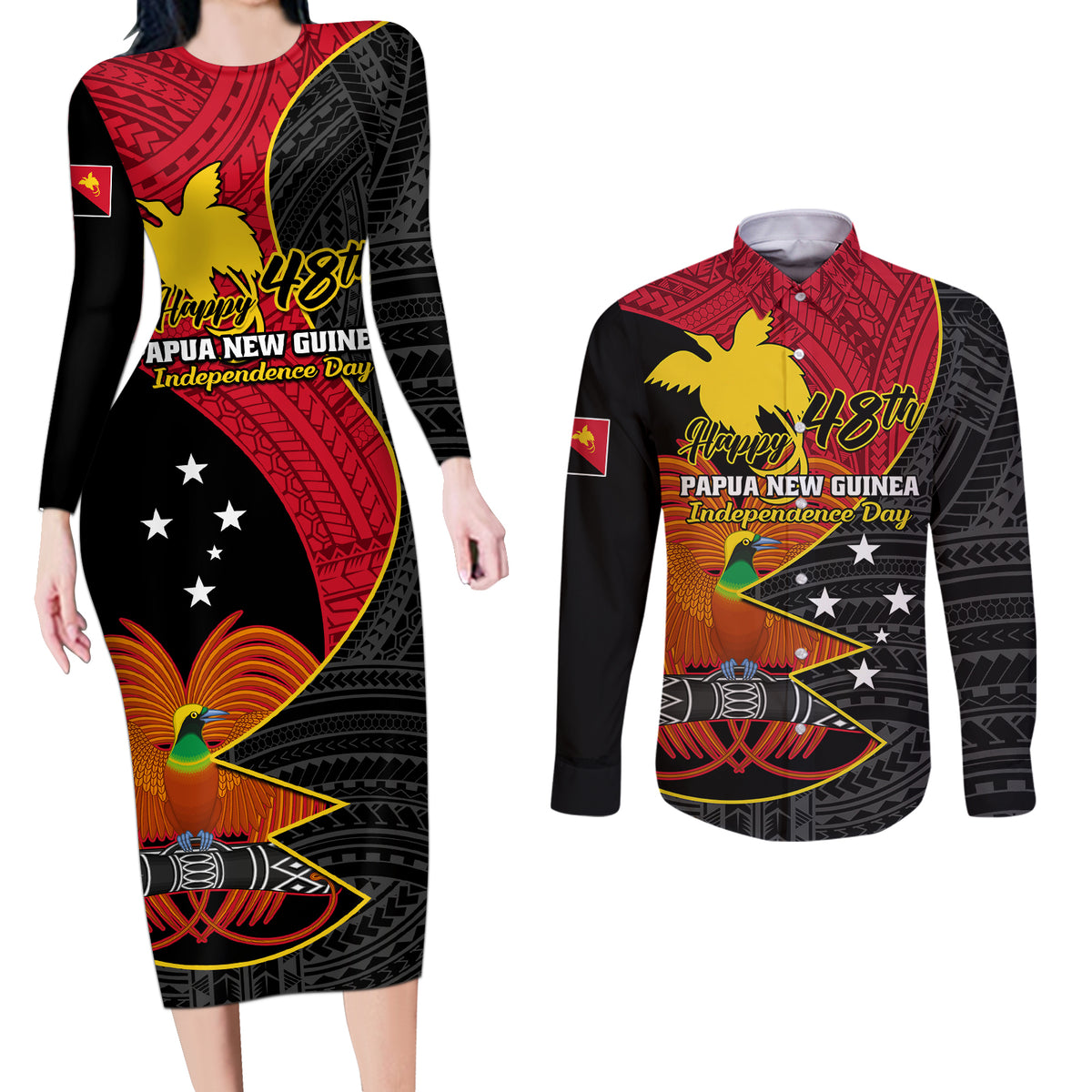 Personalised Papua New Guinea Independence Day Couples Matching Long Sleeve Bodycon Dress and Long Sleeve Button Shirts Happy PNG 48th Anniversary - Wonder Print Shop