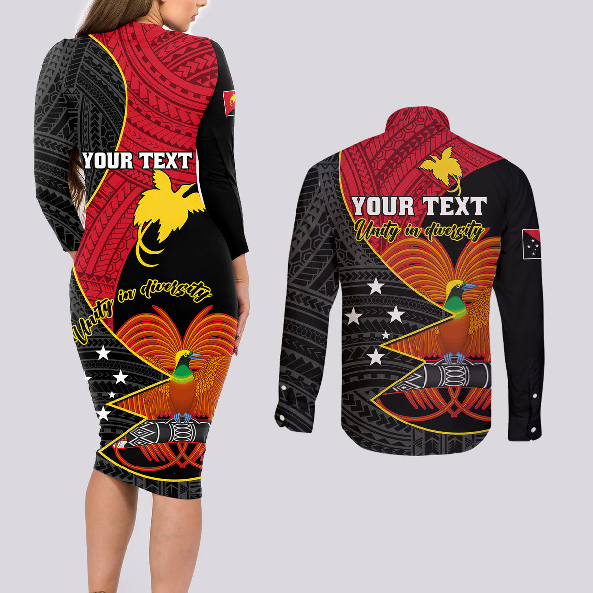 Personalised Papua New Guinea Independence Day Couples Matching Long Sleeve Bodycon Dress and Long Sleeve Button Shirts Happy PNG 48th Anniversary - Wonder Print Shop
