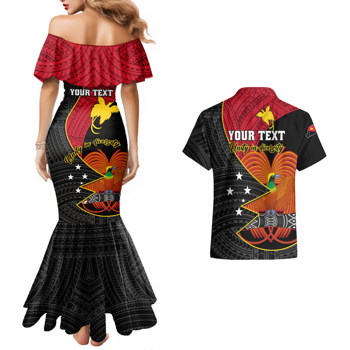Personalised Papua New Guinea Independence Day Couples Matching Mermaid Dress and Hawaiian Shirt Happy PNG 48th Anniversary - Wonder Print Shop
