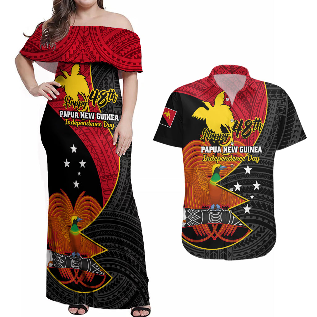 Personalised Papua New Guinea Independence Day Couples Matching Off Shoulder Maxi Dress and Hawaiian Shirt Happy PNG 48th Anniversary - Wonder Print Shop