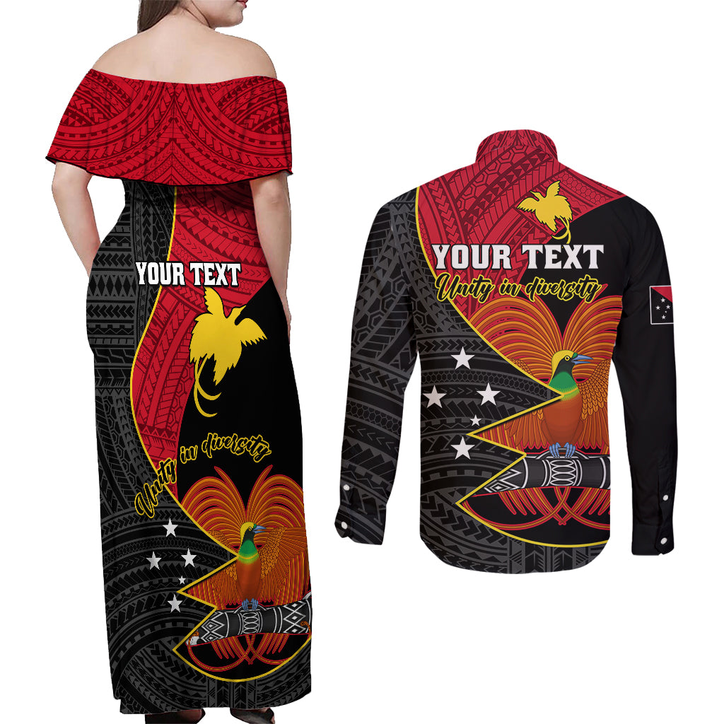 Personalised Papua New Guinea Independence Day Couples Matching Off Shoulder Maxi Dress and Long Sleeve Button Shirts Happy PNG 48th Anniversary - Wonder Print Shop