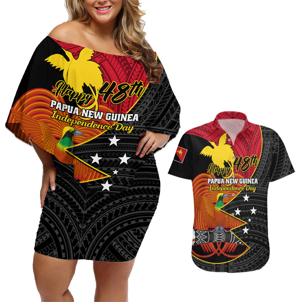 Personalised Papua New Guinea Independence Day Couples Matching Off Shoulder Short Dress and Hawaiian Shirt Happy PNG 48th Anniversary - Wonder Print Shop