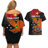 Personalised Papua New Guinea Independence Day Couples Matching Off Shoulder Short Dress and Hawaiian Shirt Happy PNG 48th Anniversary - Wonder Print Shop