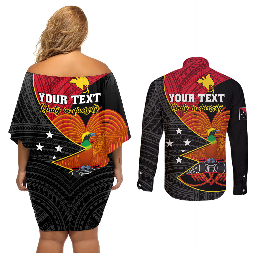Personalised Papua New Guinea Independence Day Couples Matching Off Shoulder Short Dress and Long Sleeve Button Shirts Happy PNG 48th Anniversary - Wonder Print Shop