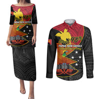 Personalised Papua New Guinea Independence Day Couples Matching Puletasi Dress and Long Sleeve Button Shirts Happy PNG 48th Anniversary - Wonder Print Shop