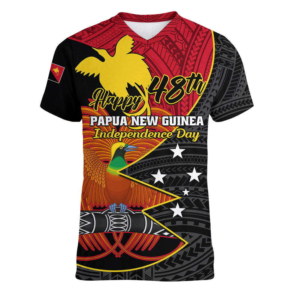Personalised Papua New Guinea Independence Day Women V Neck T Shirt Happy PNG 48th Anniversary - Wonder Print Shop