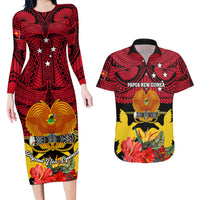 Papua New Guinea Couples Matching Long Sleeve Bodycon Dress and Hawaiian Shirt Bird Of Paradise Mix Polynesian Pattern - Wonder Print Shop