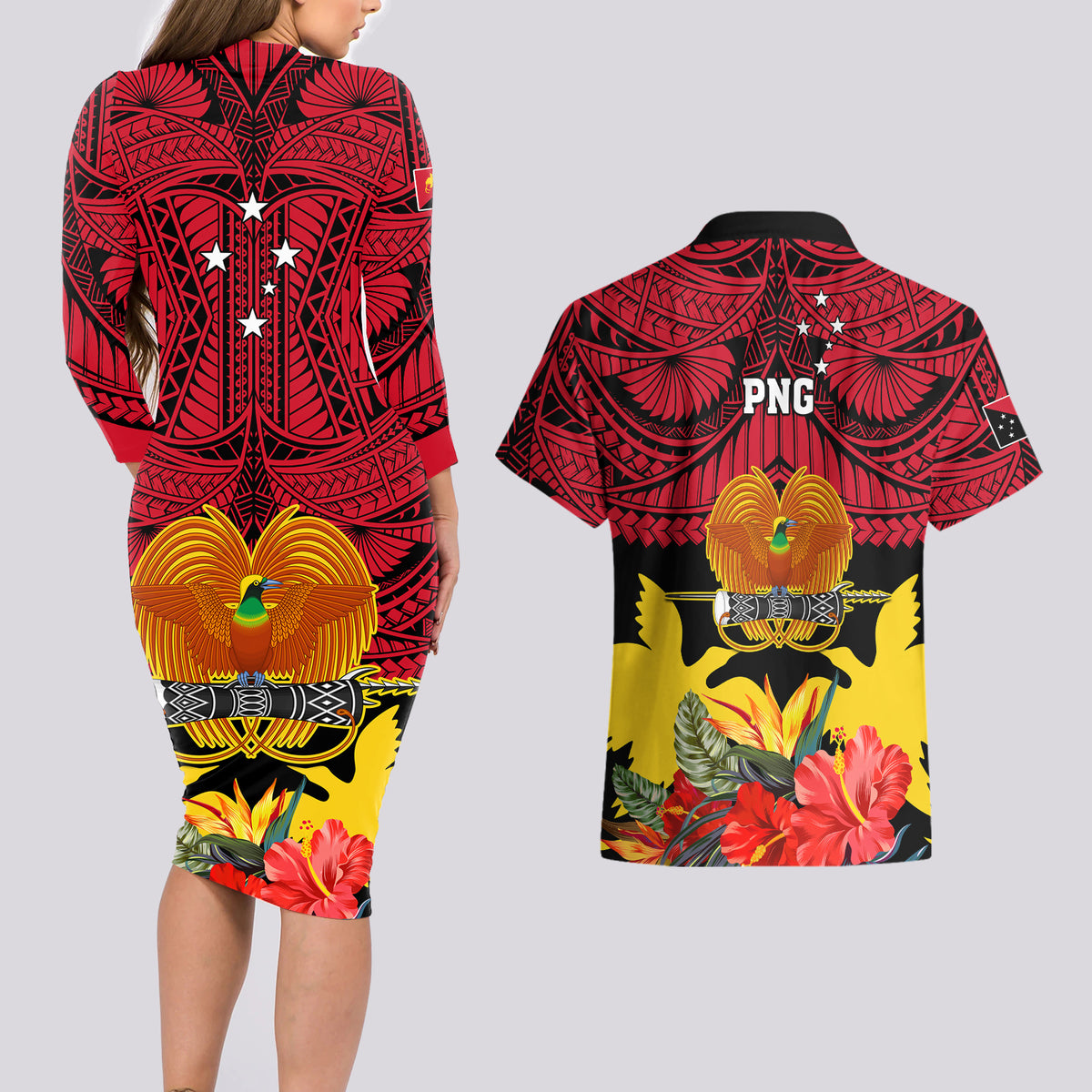 Papua New Guinea Couples Matching Long Sleeve Bodycon Dress and Hawaiian Shirt Bird Of Paradise Mix Polynesian Pattern - Wonder Print Shop
