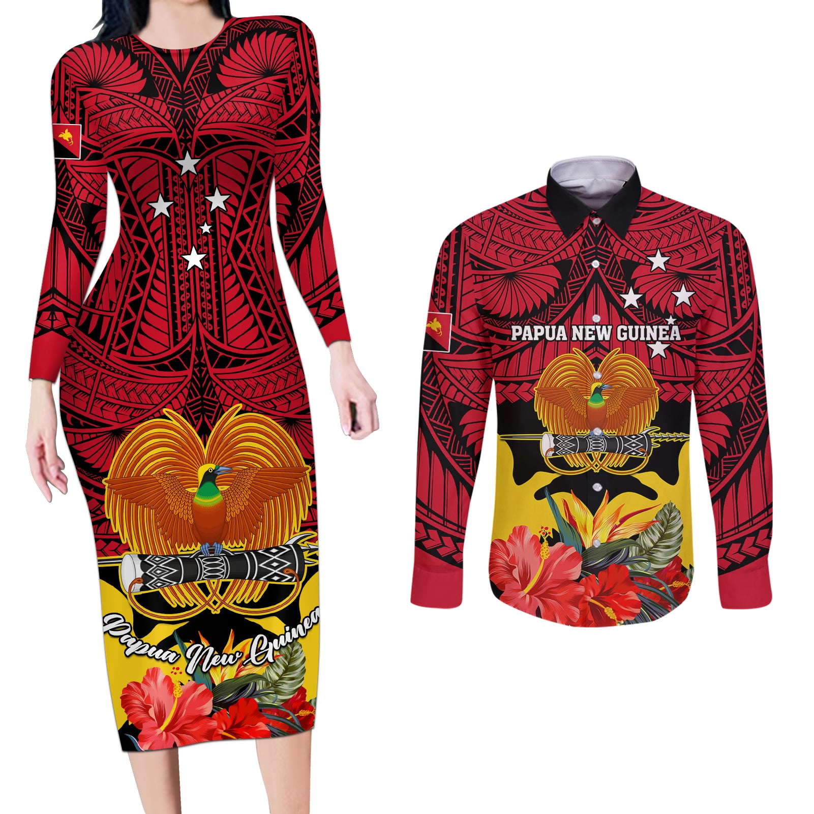 Papua New Guinea Couples Matching Long Sleeve Bodycon Dress and Long Sleeve Button Shirts Bird Of Paradise Mix Polynesian Pattern - Wonder Print Shop