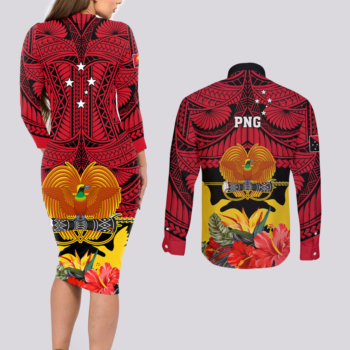 Papua New Guinea Couples Matching Long Sleeve Bodycon Dress and Long Sleeve Button Shirts Bird Of Paradise Mix Polynesian Pattern - Wonder Print Shop