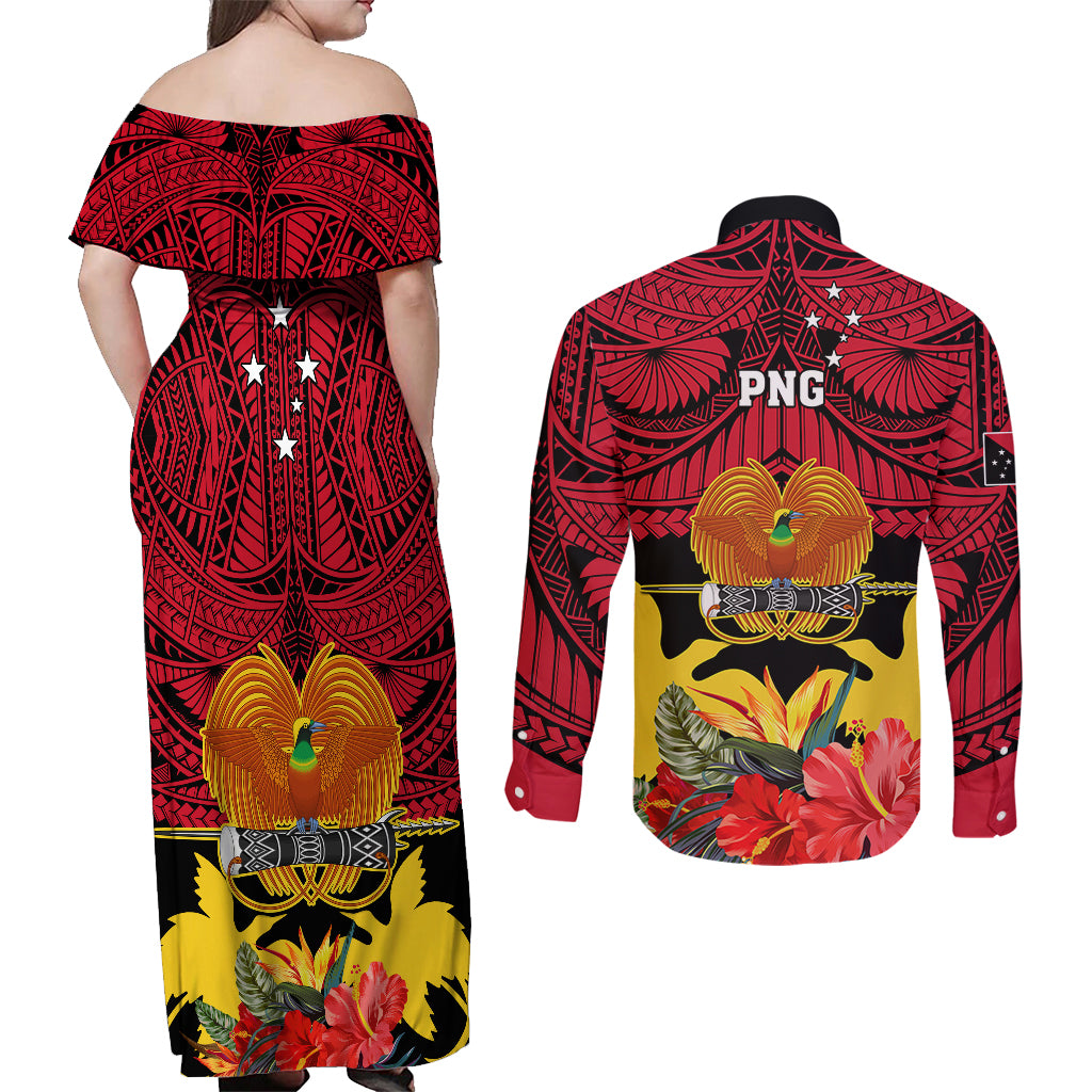 Papua New Guinea Couples Matching Off Shoulder Maxi Dress and Long Sleeve Button Shirts Bird Of Paradise Mix Polynesian Pattern - Wonder Print Shop