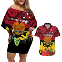 Papua New Guinea Couples Matching Off Shoulder Short Dress and Hawaiian Shirt Bird Of Paradise Mix Polynesian Pattern - Wonder Print Shop