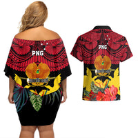 Papua New Guinea Couples Matching Off Shoulder Short Dress and Hawaiian Shirt Bird Of Paradise Mix Polynesian Pattern - Wonder Print Shop