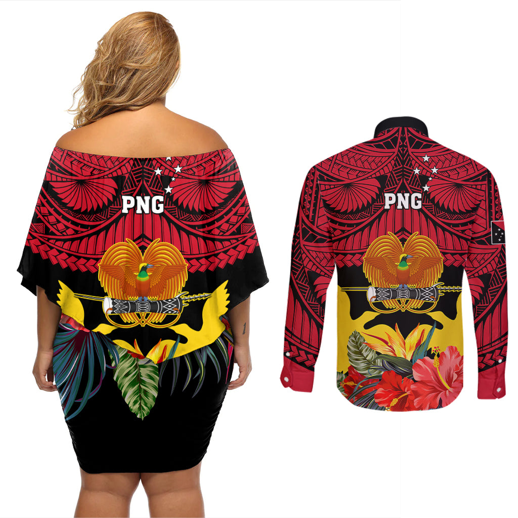 Papua New Guinea Couples Matching Off Shoulder Short Dress and Long Sleeve Button Shirts Bird Of Paradise Mix Polynesian Pattern - Wonder Print Shop