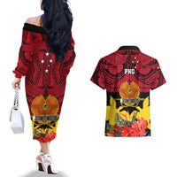 Papua New Guinea Couples Matching Off The Shoulder Long Sleeve Dress and Hawaiian Shirt Bird Of Paradise Mix Polynesian Pattern - Wonder Print Shop