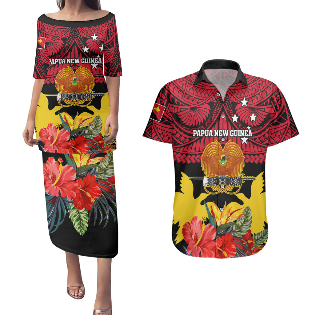 Papua New Guinea Couples Matching Puletasi Dress and Hawaiian Shirt Bird Of Paradise Mix Polynesian Pattern - Wonder Print Shop