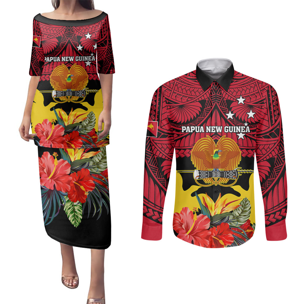 Papua New Guinea Couples Matching Puletasi Dress and Long Sleeve Button Shirts Bird Of Paradise Mix Polynesian Pattern - Wonder Print Shop