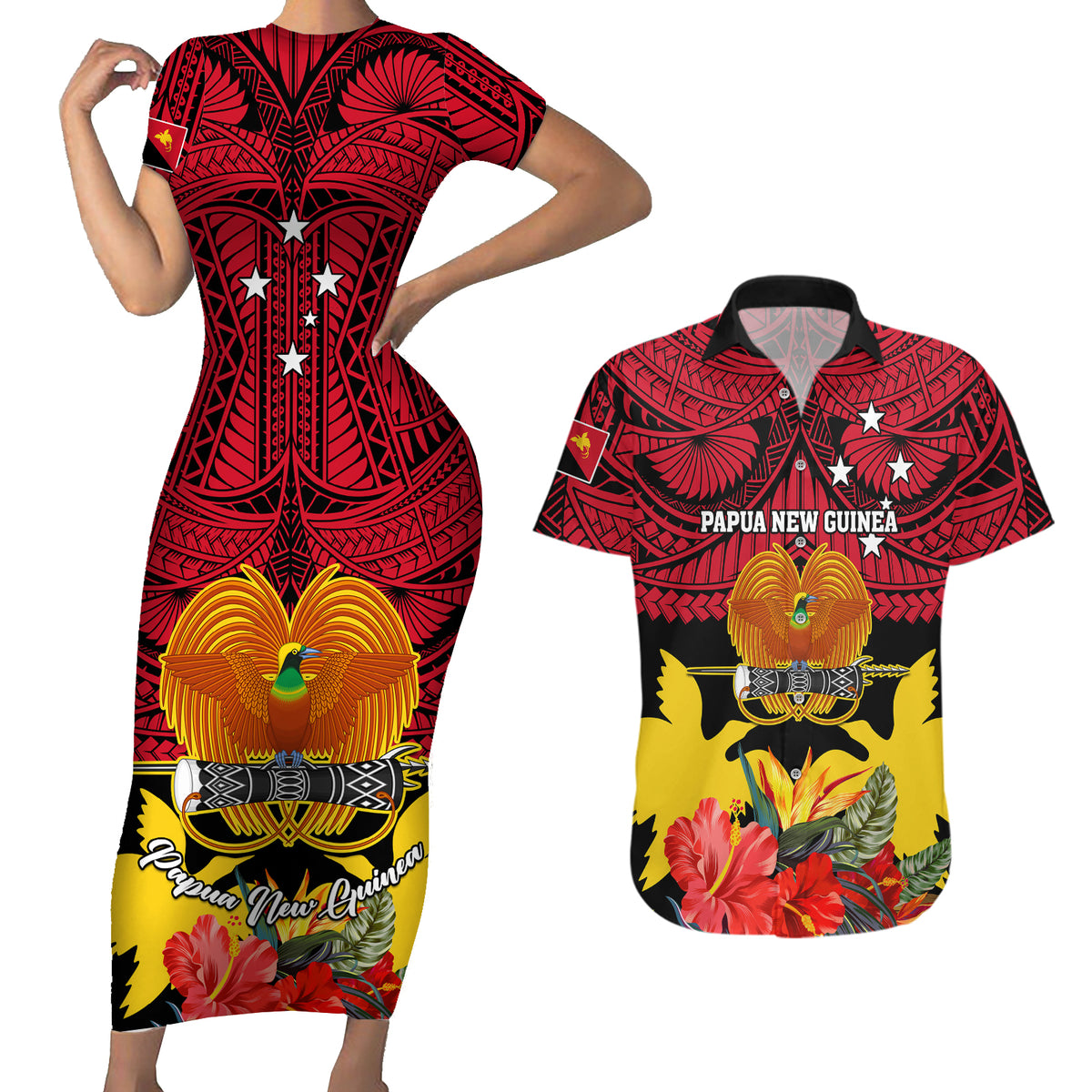Papua New Guinea Couples Matching Short Sleeve Bodycon Dress and Hawaiian Shirt Bird Of Paradise Mix Polynesian Pattern - Wonder Print Shop