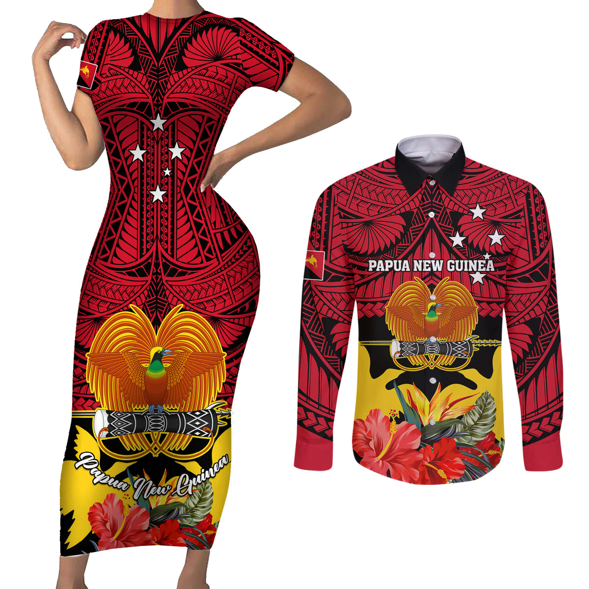 Papua New Guinea Couples Matching Short Sleeve Bodycon Dress and Long Sleeve Button Shirts Bird Of Paradise Mix Polynesian Pattern - Wonder Print Shop