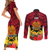 Papua New Guinea Couples Matching Short Sleeve Bodycon Dress and Long Sleeve Button Shirts Bird Of Paradise Mix Polynesian Pattern - Wonder Print Shop