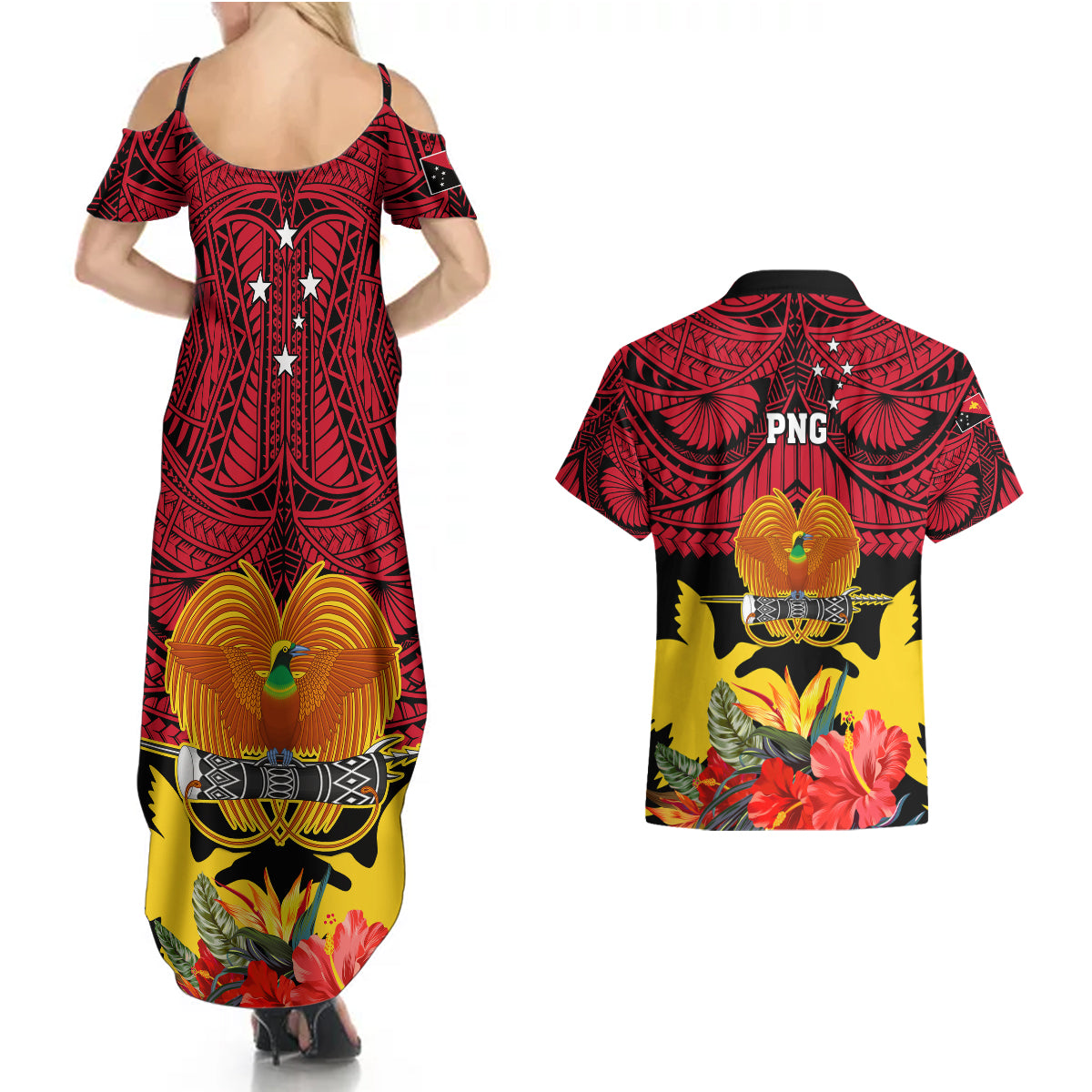 Papua New Guinea Couples Matching Summer Maxi Dress and Hawaiian Shirt Bird Of Paradise Mix Polynesian Pattern - Wonder Print Shop