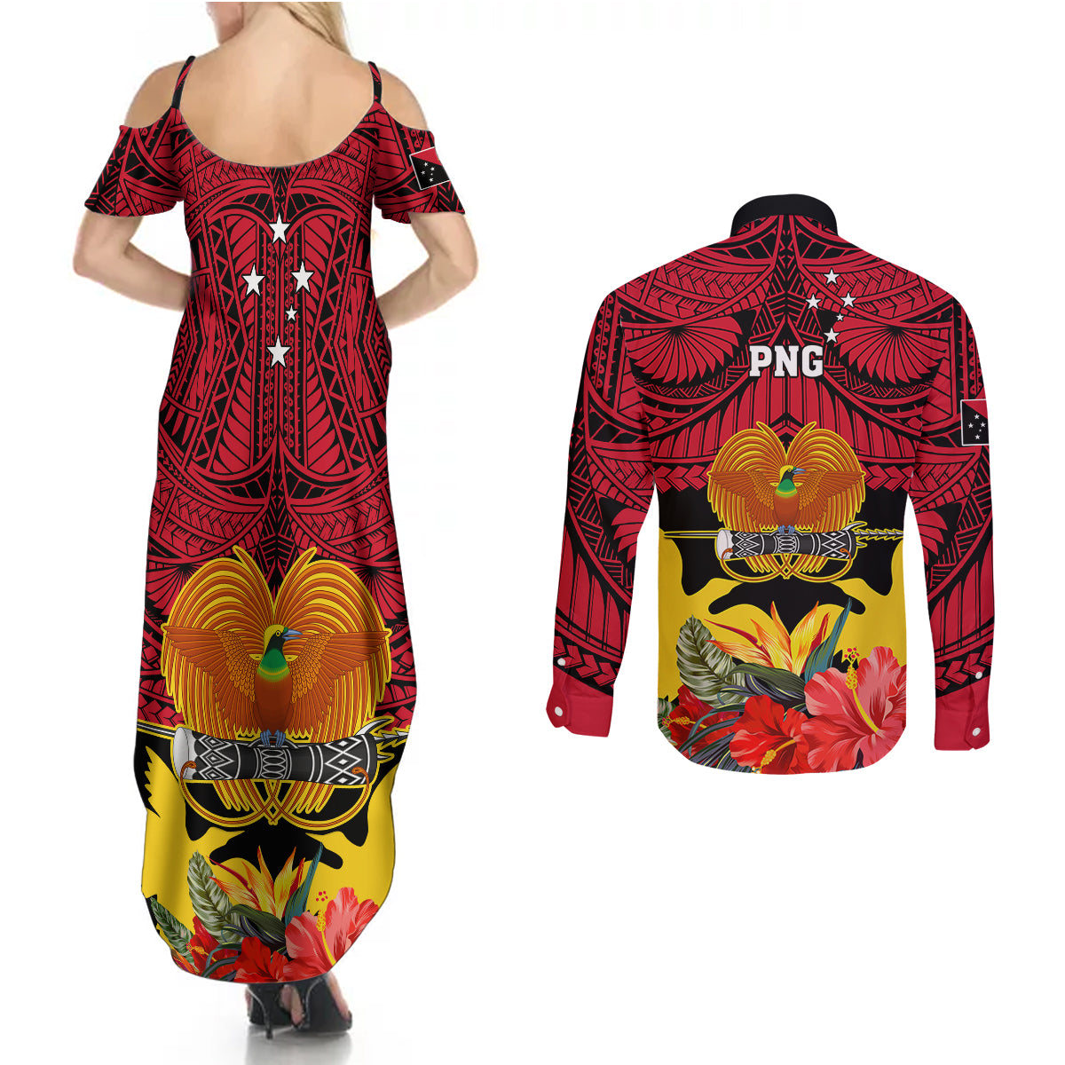 Papua New Guinea Couples Matching Summer Maxi Dress and Long Sleeve Button Shirts Bird Of Paradise Mix Polynesian Pattern - Wonder Print Shop