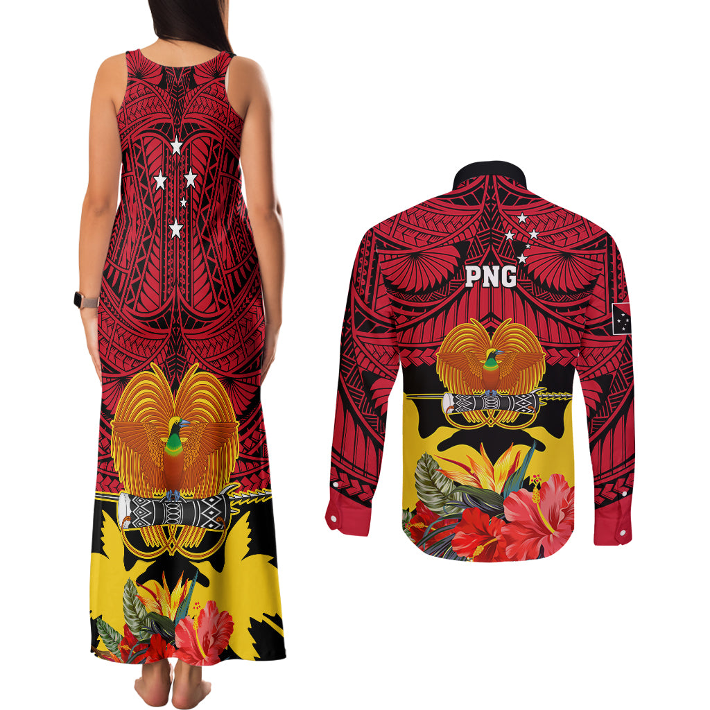 Papua New Guinea Couples Matching Tank Maxi Dress and Long Sleeve Button Shirts Bird Of Paradise Mix Polynesian Pattern - Wonder Print Shop