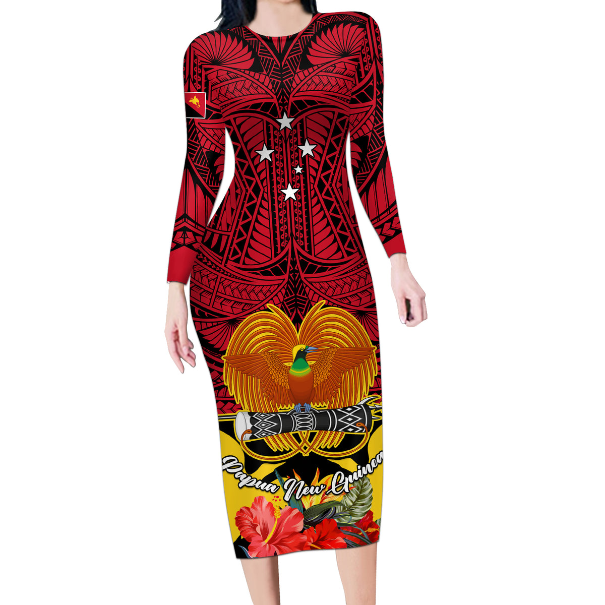 Papua New Guinea Long Sleeve Bodycon Dress Bird Of Paradise Mix Polynesian Pattern - Wonder Print Shop
