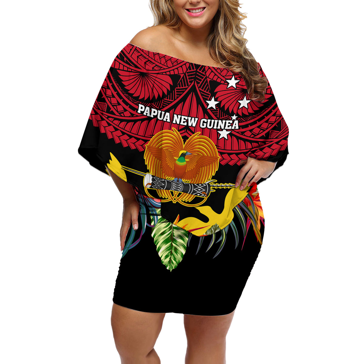 Papua New Guinea Off Shoulder Short Dress Bird Of Paradise Mix Polynesian Pattern - Wonder Print Shop