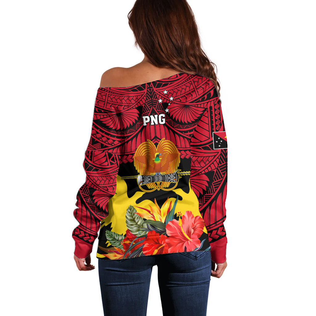 Papua New Guinea Off Shoulder Sweater Bird Of Paradise Mix Polynesian Pattern - Wonder Print Shop