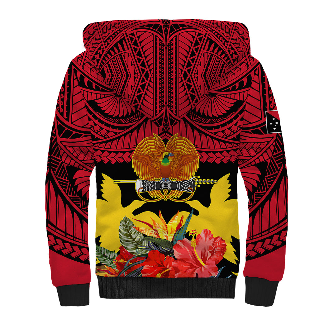 Papua New Guinea Sherpa Hoodie Bird Of Paradise Mix Polynesian Pattern - Wonder Print Shop