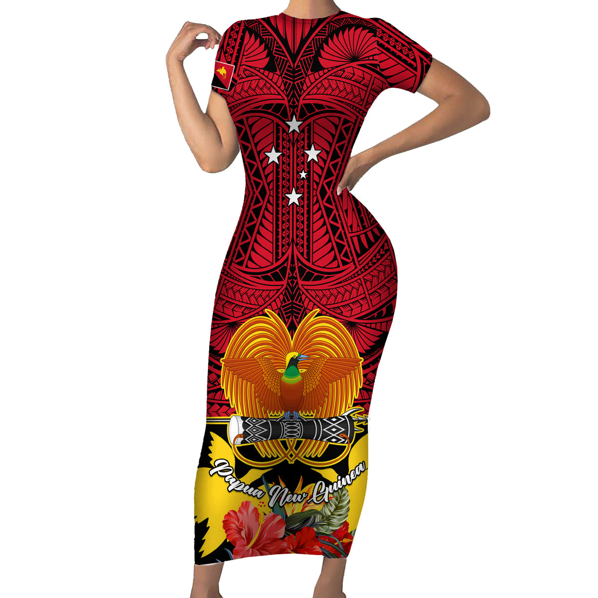 Papua New Guinea Short Sleeve Bodycon Dress Bird Of Paradise Mix Polynesian Pattern - Wonder Print Shop