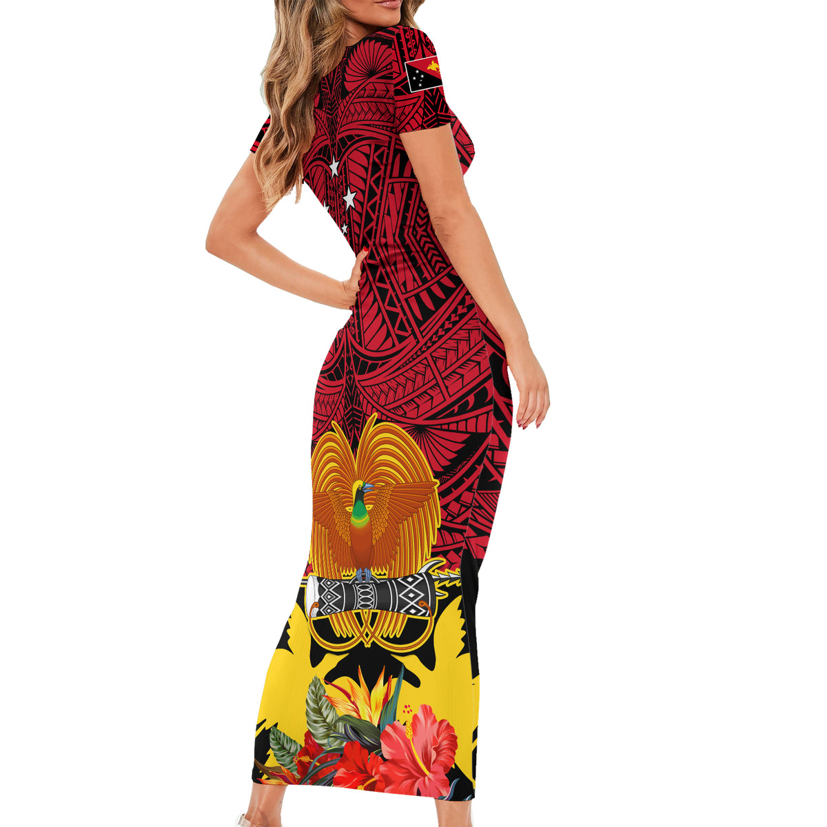 Papua New Guinea Short Sleeve Bodycon Dress Bird Of Paradise Mix Polynesian Pattern - Wonder Print Shop