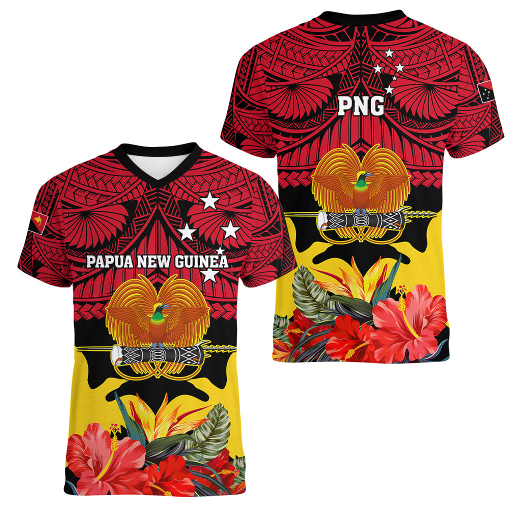 Papua New Guinea Women V Neck T Shirt Bird Of Paradise Mix Polynesian Pattern - Wonder Print Shop