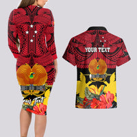 Personalised Papua New Guinea Couples Matching Long Sleeve Bodycon Dress and Hawaiian Shirt Bird Of Paradise Mix Polynesian Pattern - Wonder Print Shop