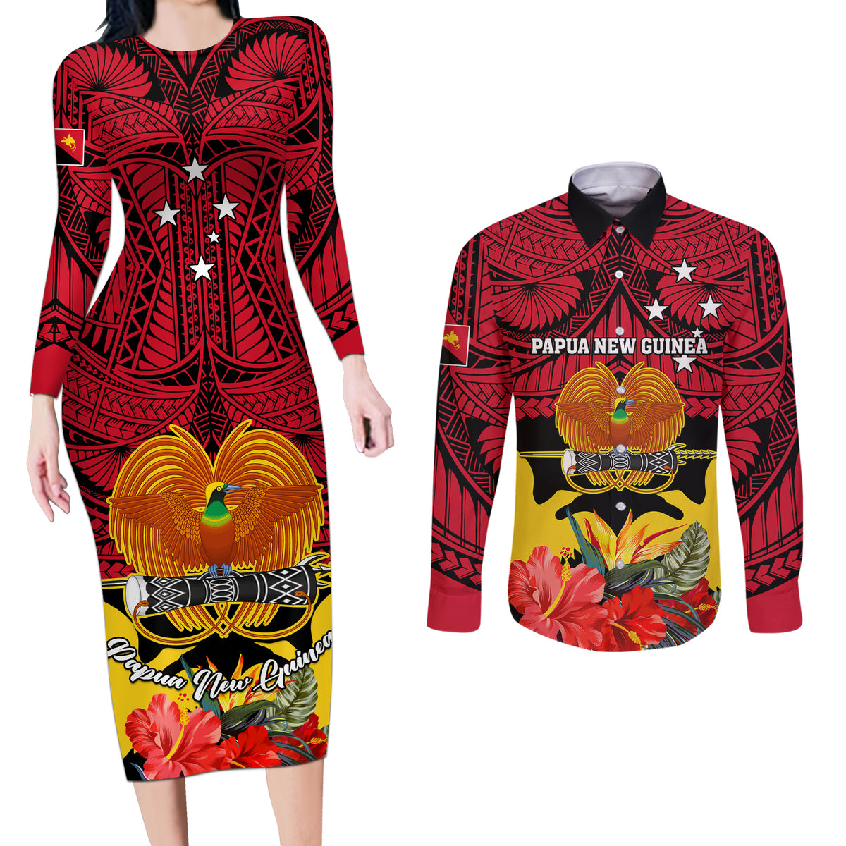 Personalised Papua New Guinea Couples Matching Long Sleeve Bodycon Dress and Long Sleeve Button Shirts Bird Of Paradise Mix Polynesian Pattern - Wonder Print Shop