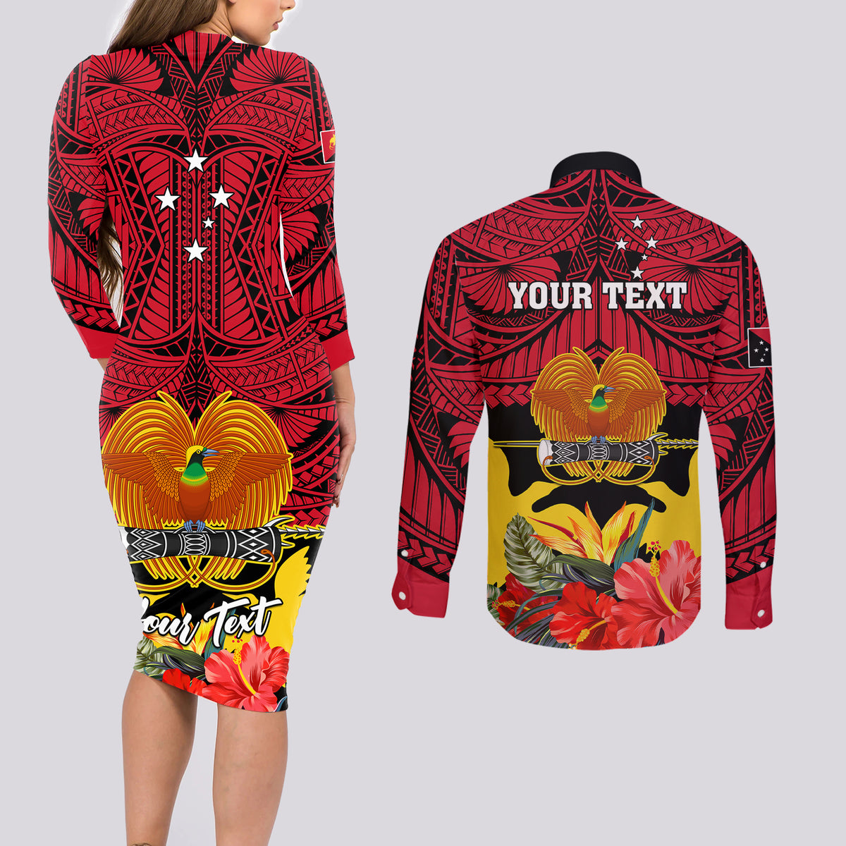 Personalised Papua New Guinea Couples Matching Long Sleeve Bodycon Dress and Long Sleeve Button Shirts Bird Of Paradise Mix Polynesian Pattern - Wonder Print Shop