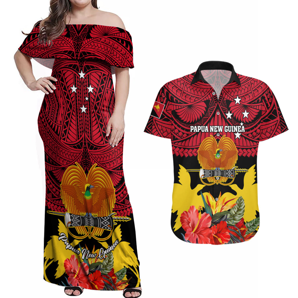Personalised Papua New Guinea Couples Matching Off Shoulder Maxi Dress and Hawaiian Shirt Bird Of Paradise Mix Polynesian Pattern - Wonder Print Shop