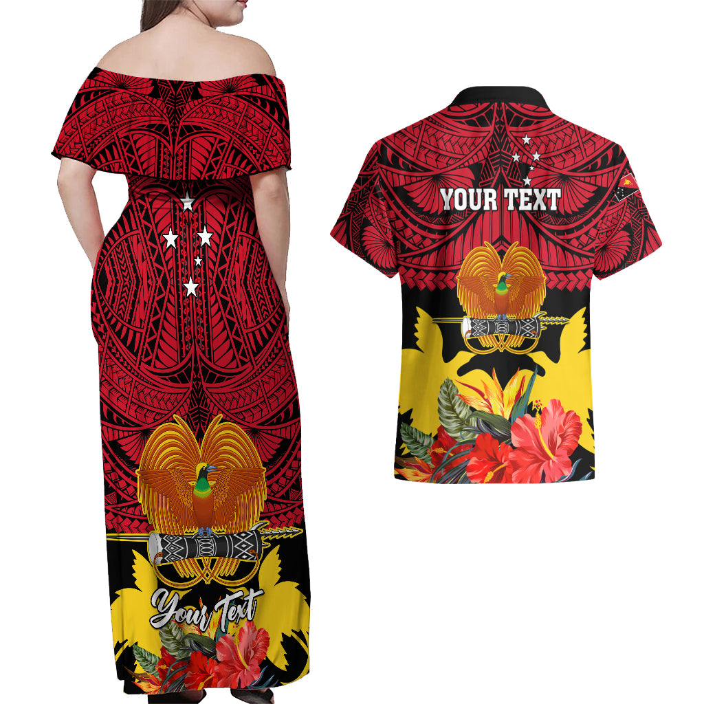 Personalised Papua New Guinea Couples Matching Off Shoulder Maxi Dress and Hawaiian Shirt Bird Of Paradise Mix Polynesian Pattern - Wonder Print Shop