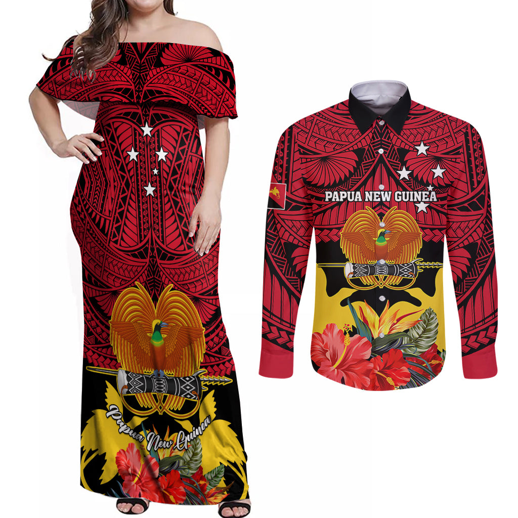 Personalised Papua New Guinea Couples Matching Off Shoulder Maxi Dress and Long Sleeve Button Shirts Bird Of Paradise Mix Polynesian Pattern - Wonder Print Shop