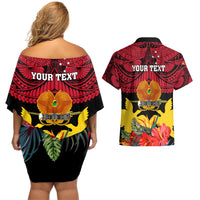 Personalised Papua New Guinea Couples Matching Off Shoulder Short Dress and Hawaiian Shirt Bird Of Paradise Mix Polynesian Pattern - Wonder Print Shop